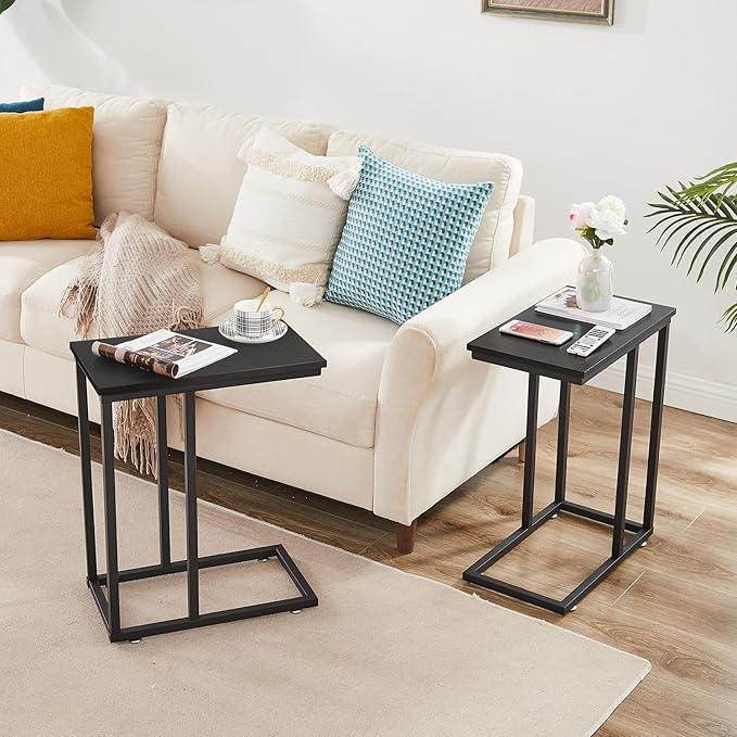 VECELO C Shaped End Side Table for Sofa Couch and Bed Snack TV Tray for Living Room Bedroom, 2 Set, Black