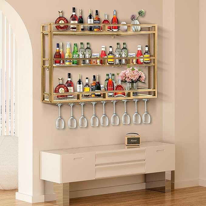 Metal Wine Rack Wall Mounted, Bar Shelves for Liquor Bottles with LED Light, 3 Tier Large Capacity Liquor Rack Wall Mounted with Glass Holder for Home Bar & Dining Room （Gold, 39in/100cm）