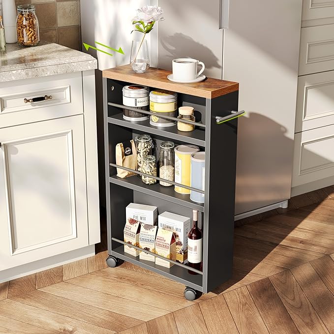LITTLE TREE Slim Rolling Storage Cart, 3 Tier Snack Cart with Wheels for Kitchen, 6.3 Inch Wide Bathroom Organizer Shelves, Wooden Utility Cart for Laundry Room, Black