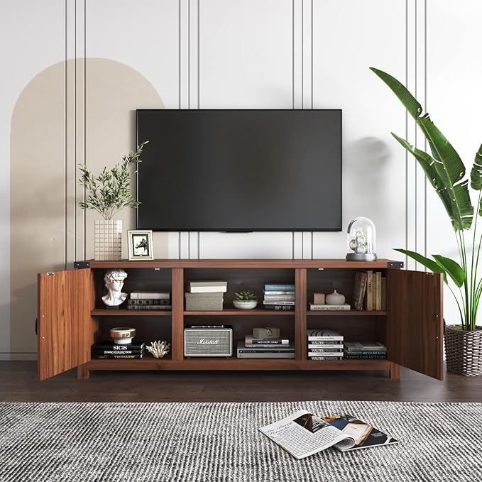 YESHOMY Modern Farmhouse TV Stand with Two Barn Doors and Storage Cabinets for Televisions up to 65+ Inch,Entertainment Center Console Table,Media Furniture for Living Room,58 Inch, Walnut,YH-TS103DWA