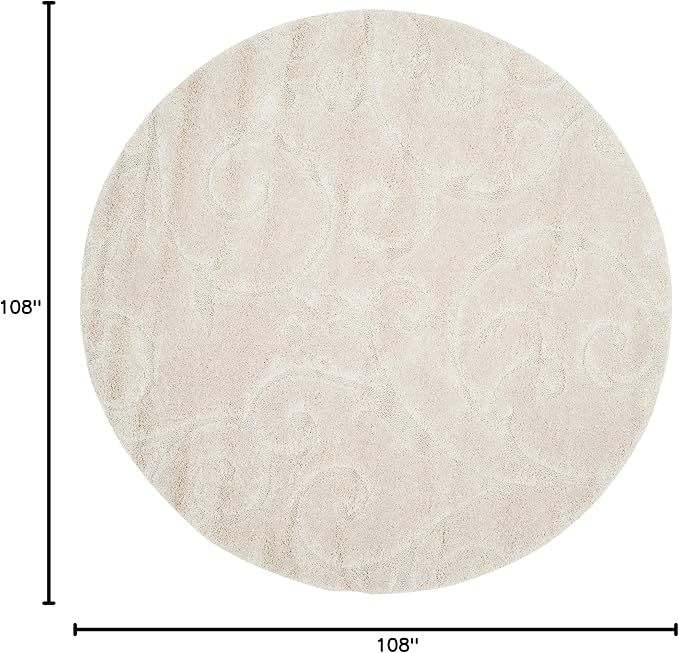 SAFAVIEH Florida Shag Collection Area Rug - 9' Round, Creme & Creme, Scroll Design, Non-Shedding & Easy Care, 1.2-inch Thick Ideal for High Traffic Areas in Living Room, Bedroom (SG455-1111)