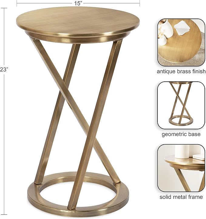Kate and Laurel Aja Modern Metal Round Side Table; 15 x 15 x 23; Antique Brass; Decorative Geometric Nightstand with Circular Tabletop and Unique Slanted Legs