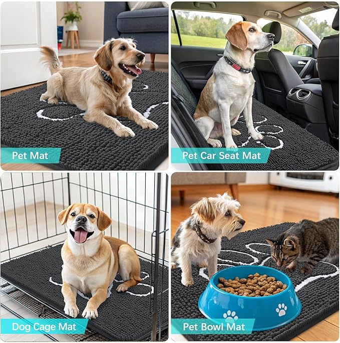 OLANLY Door Mat for Muddy Dog Paws 47x32, Ultra Absorbent Chenille Mud Doormat with Paw Print Design, Non-Slip Washable Doormat for Indoor Entryway, Quick-Dry Pet Bed Mats for Dirty Dogs, Dark Grey