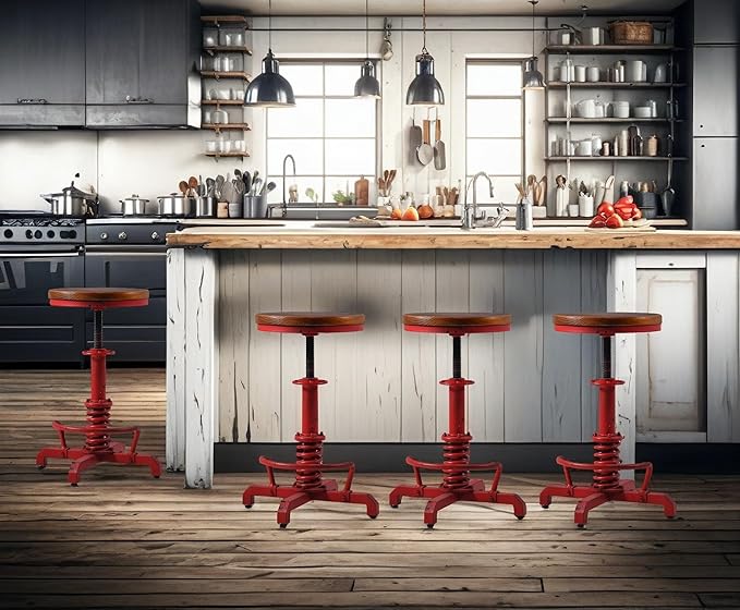 4-Piece American Antique Steampunk Bar Stool 24.41"-28.35" Vintage Industrial Adjustable Swivel Backless Counter Stool for Home, Dining, Breakfast, Pub, (Heavy Duty Metal & Wood, Aged Red, Brown Top)