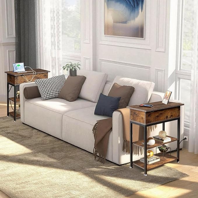 Rotating Top End Table with Charging Station, Side Table with USB Ports and Outlets, 24" W x 12" D x 27" H, Rotating End Table with Storage, Couch Side Tables, Narrow Table Living Room, Bedroom
