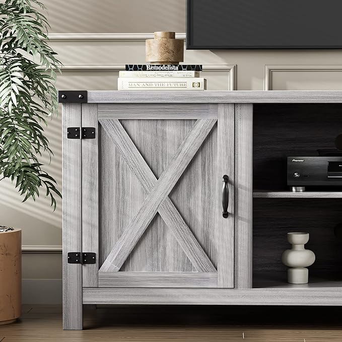 YESHOMY Modern Farmhouse TV Stand with Two Barn Doors and Storage Cabinets for Televisions up to 65+ Inch, Entertainment Center Console Table, Media Furniture for Living Room, 58 Inch, Gray Wash