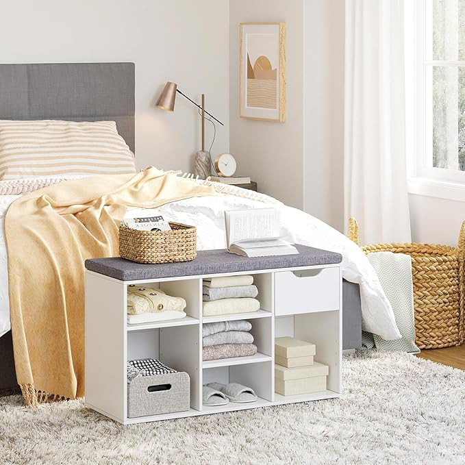 DINZI LVJ Shoe Bench,Entryway Storage Bench with Drawer and 8 Cubbies,Cubby Rack Adjustable Shelves,Shoe Organizer Cabinet for Living Room,Bedroom,Mudroom,Closet Garage,White