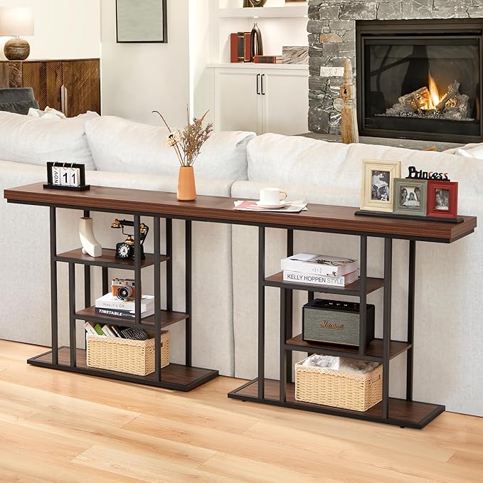 HABUTWAY 42" Industrial Entryway Table, Narrow 4-Tier Wood Console Table for Living Room, Accent Tables Living Room, Sofa Table for Front Door, Hallway, Foyer, Rustic Brown