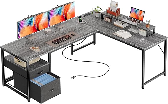 PRAISUN 63 Inch L Shaped Desk with Power Outlets and USB-C Port, Computer Corner Home Office Desk with File Fabric Drawers and Movable Monitor Stand, Larger Storage, Gaming, Writing, Work, Grey