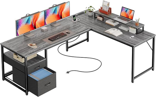 PRAISUN 63 Inch L Shaped Desk with Power Outlets and USB-C Port, Computer Corner Home Office Desk with File Fabric Drawers and Movable Monitor Stand, Larger Storage, Gaming, Writing, Work, Grey