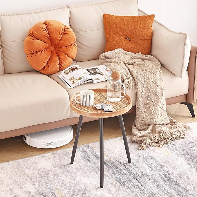 LITA Rattan Log Desktop Round Side End Table, Nightstand/Small Tables, Indoor Outdoor Wooden Tray Table with Metal Stand End Table for Living Room Bedroom Office Small Spaces