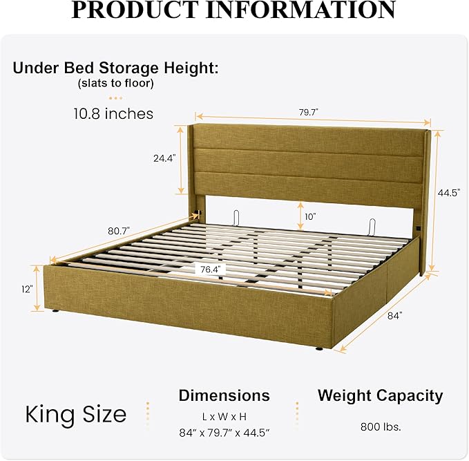 SHA CERLIN King Size Lift Up Storage Bed/Modern Wingback Headboard/Upholstered Platform Bed Frame/Hydraulic Storage/No Box Spring Needed/Wood Slats Support/Olive Yellow