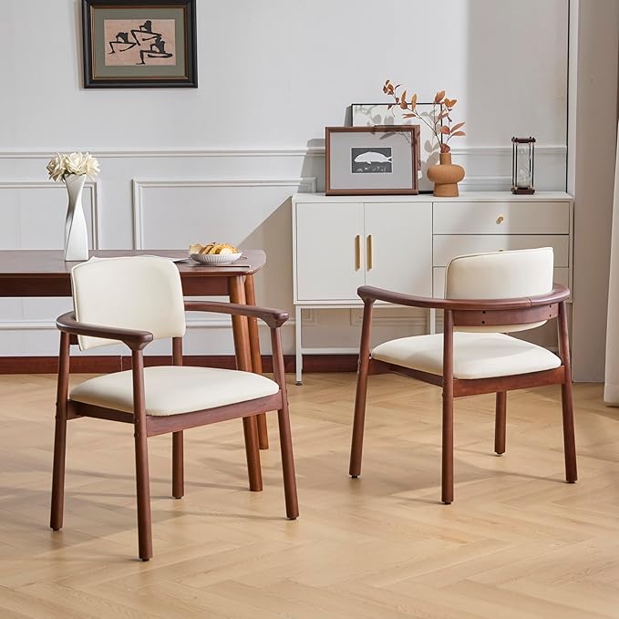 Merax Rubber Wood Dining Chairs Set of 2, Comfortable PU Foam Seat Armchairs for Living Room Dining Room, Bearing 300 lbs, Dark Walnut Color