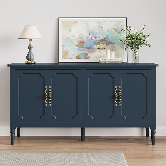 Console Cabinet, 58'' Mid Century Modern Pantry Cabinet, Wood Buffet Cabinet, Media Cabinet with 4 Doors, Accent Cabinet for Entryway, Living Room, Dining Room (Blue)