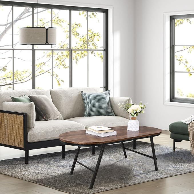Folding Coffee Table for Small Spaces Wood and Metal Oval Coffee Tables No Assembly Low Coffee Table for Living Room, Home, Office, Rustic Brown