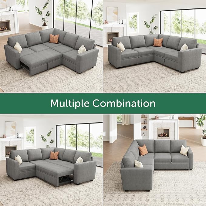 HONBAY Modular Sectional Sleeper Sofa with Pull Out Bed, Chenille L Shaped Couch with Storage Seats, Convertible Sectional Couches for Living Room, Warm Grey