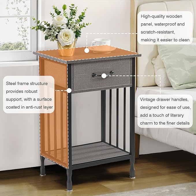 VECELO Nightstands, Industrial Side Table/End Tables with Drawer and Storage Shelf, Night Stands for Bedroom, Living Room, Wood Metal Furniture, Easy Assembly