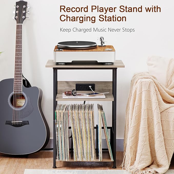 AMHANCIBLE Record Player Stand with Charging Station, Large Turntable with Storage Cabinet holds up to 100 Albums, 3 Tier End Table for Vinyl, Living Room, Grey, HETCD012GY-1