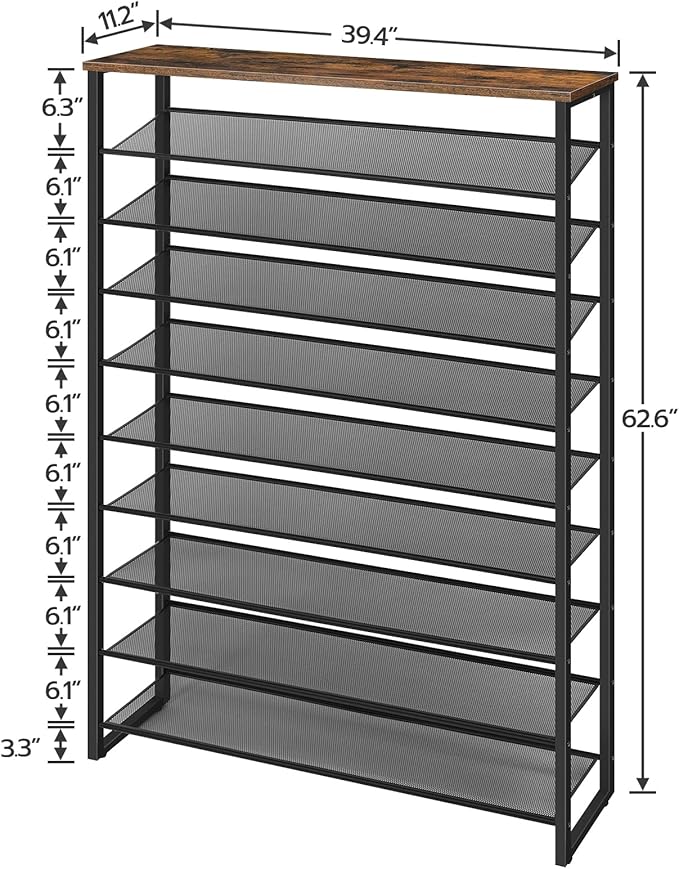 HOOBRO 10-Tier Shoe Rack, 39.4" L Shoe Storage Organizer, Large Capacity Shoe Shelf for Front Door Entrance, Entryway, Hallway, Holds 45-50 Pairs of Shoes, Closet, Rustic Brown BF171XJ01