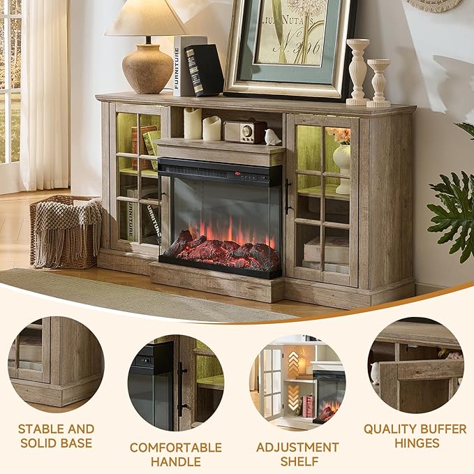 ROCKPOINT 3 Sided Glass 59" Fireplace TV Stand for TVs up to 65", Media Entertainment Center with Glass Door Storage Cabinet for Living Room,24" Electric Fireplace & Adjustable LED Light,Grey