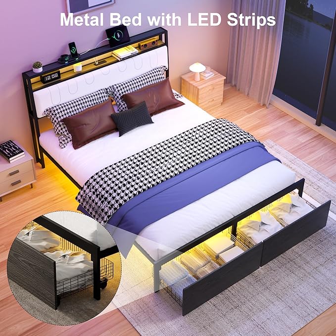 Queen Bed Frame with Storage Headboard, Metal Platform Bed Frame with LED Lights & Charging Station, Storage Drawers, Heavy Duty Metal Slats, No Box Spring Needed, Noise Free, Easy Assembly