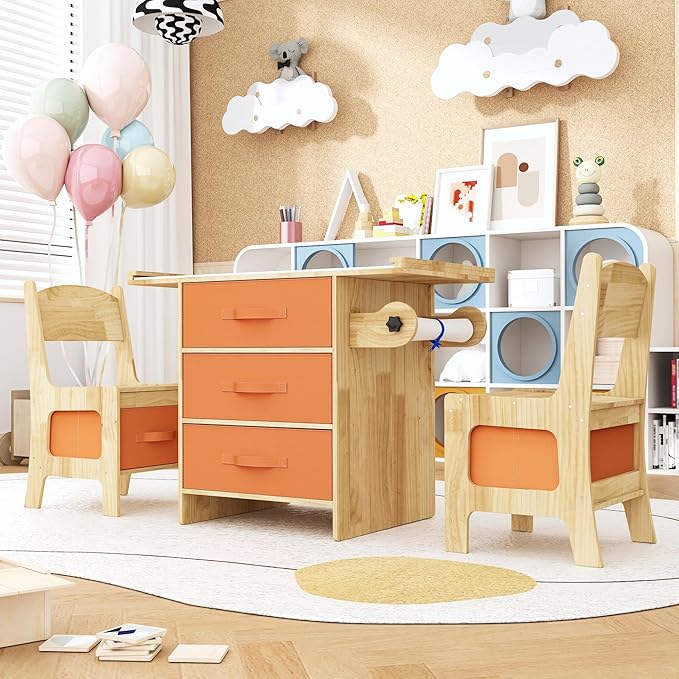 Pine Wood Kids Table and Chair Set 3 in 1 Wooden Toddler Table with Storage, Children's Drawing Reading Desk, with Drawers & Storage Baskets, Natural