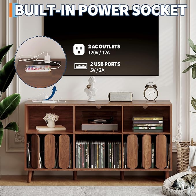 Large Record Player Stand, Record Player Table Vinyl Record Storage Holder Records Cabinet Organizer with Power Outlet for Living Room, Walnut
