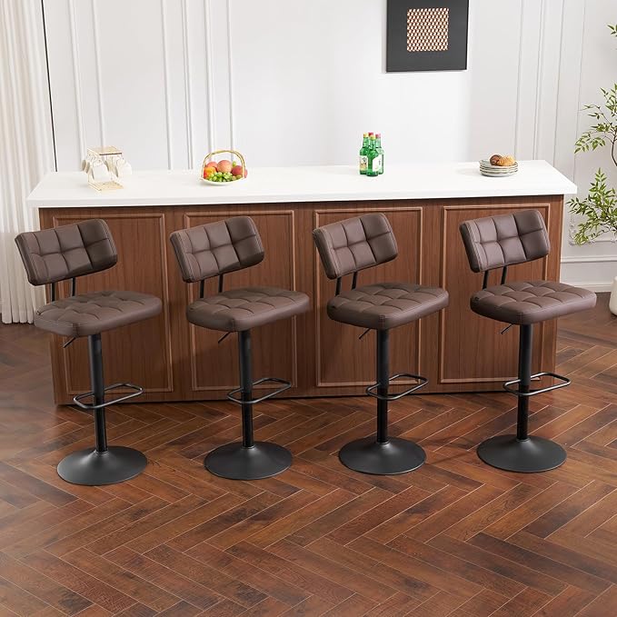 Furniliving Upholstered Bar Stools Set of 4, Faux Leather Swivel Bar Stools with Back, Adjustable Counter Height Barstools for Kitchen Island, Dining Space, Brown