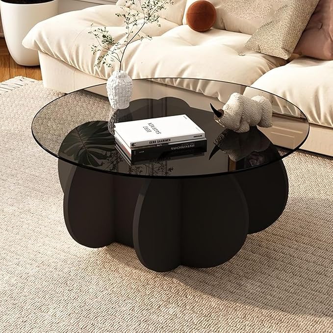 Mid Century Modern Round Glass Coffee Table for Living Room, Black Small Coffee Table for Center, Suitable for Bedroom Living Room Reception Office Tables (Black/Grey)