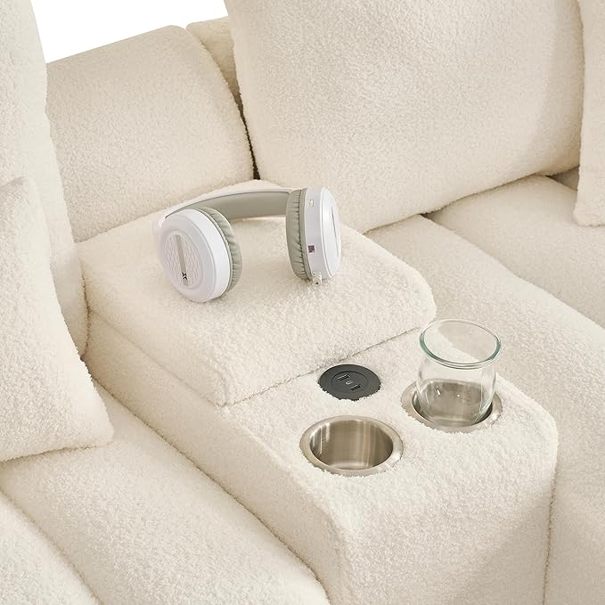 92-Inch Teddy Boucle Tufted Sofa Couch with Storage Console and Chaise Lounge, L-Shaped Left Facing Corner Sectional Sofa Couch with Cupholders, USB Ports and Golden Accent for Living Room Office