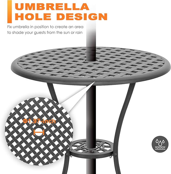 NUU GARDEN Patio Bistro Sets 3 Piece Cast Aluminum Bistro Table and Chairs Set with Umbrella Hole Bistro Set of 2 for Patio Backyard, Black