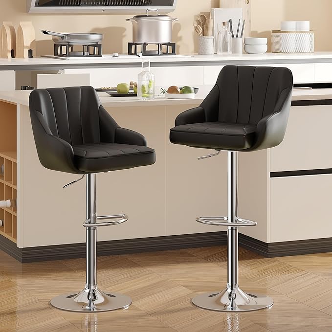 VECELO Bar Stools Set of 4, Adjustable Barstools, Counter Height Stools with Back and Arm, Kitchen Island Stools, Swivel PU Chairs for Pub, Dining Room, Modern Style, PU Black
