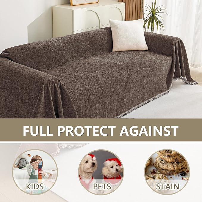 MYSKY HOME Couch Covers for 3 Cushion Couch Sofa, Chenille L Shape Sectional Couch Cover - Pet-Friendly, Machine Washable, Non-Slip Sofa Protector for Dogs, Kids, 71"x118", Deep Chocolate