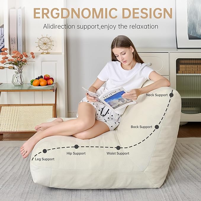 Bean Bag Chairs for Adults, Memory Foam Bean Bag Chair, Spacious Single Sofa, Ergonomic Support Reading Floor Sofa Chair with Filler, Comfy Cozy Beanbag Couch for Bedroom Living Room (Beige)
