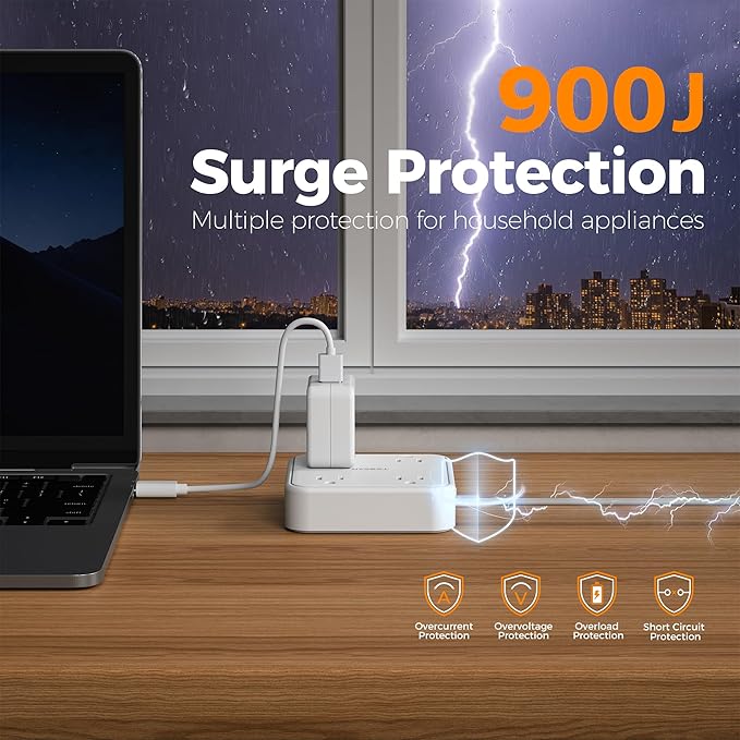 Surge Protector Flat Extension Cord 15Ft, TESSAN Flat Plug Power Strip with 4 Outlets 3 USB Ports (1 USB C), 900 Joules Protection, Multiple Wall Outlet Extender Suitable for Home Office Dorm, White