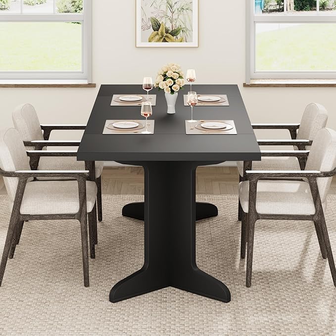 71" Large Dining Table for 6, Farmhouse Kitchen Table with Padded Top and Unique V-Shaped Feet, Rectangular Wooden Dining Table for 8 People for Home, Dining Room, Kitchen, Office, Black