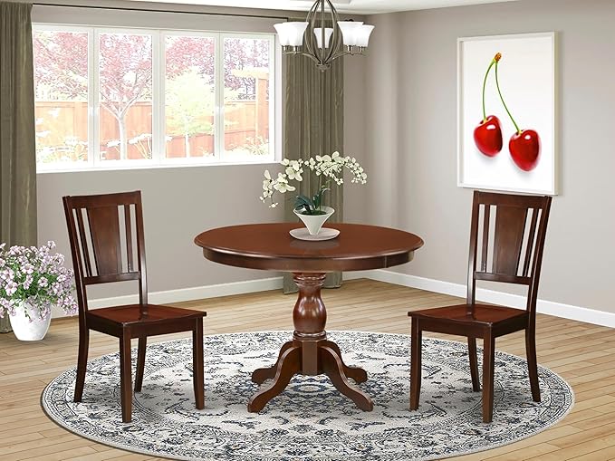 East West Furniture HBDU3-MAH-W 3 Piece Dining Room Table Set Contains a Round Kitchen Table with Pedestal and 2 Dining Chairs, 42x42 Inch, Mahogany