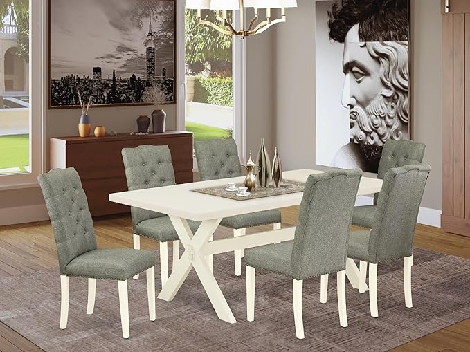 East West Furniture X027EL207-7 7 Piece Kitchen Table Set Consist of a Rectangle Dining Table with X-Legs and 6 Gray Linen Fabric Parsons Dining Chairs, 40x72 Inch, Multi-Color