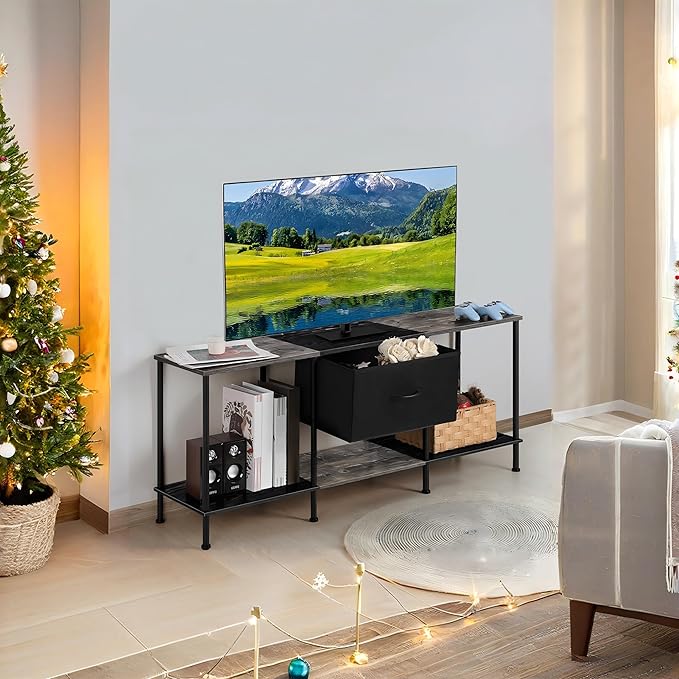 Vrisa TV Stand for 50/55 inch Television Entertainment Center with Storage Fabric Cabinet and Shelves Modern TV Console for Living Room Bedroom, Black+Grey