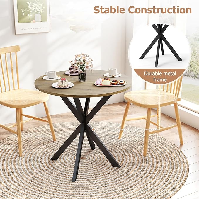 Round Dining Table, 31.5" Small Dining Table for 2-4, Round Kitchen Table with Metal Black Legs, Modern Round Dining Room Table for Kitchen, Apartment, Living Room, Brown