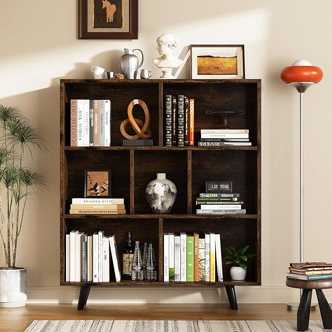 Shintenchi Cube Storage Organizer, 3 Tier Mid-Century Bookcase with Legs Cubeicals Retro Wood Organizer Storage Bookcase, Freestanding Open Book Shelves for Bedroom,Living Room,Office(Brown)