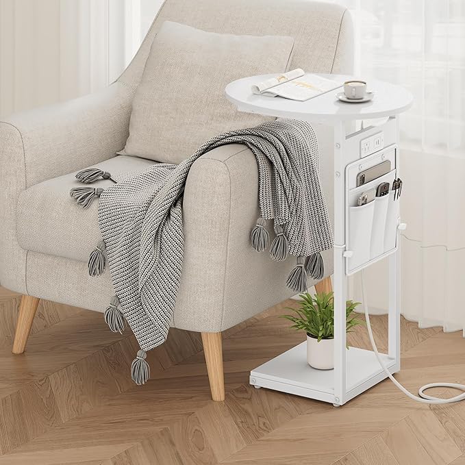 Vagusicc C Shaped End Table with Charging Station, 32" Tall Side Table for Couch and Recliner, Adjustable Height Small Couch Side Table Slide Under Sofa TV Tray Table for Living Room, Bedroom, White