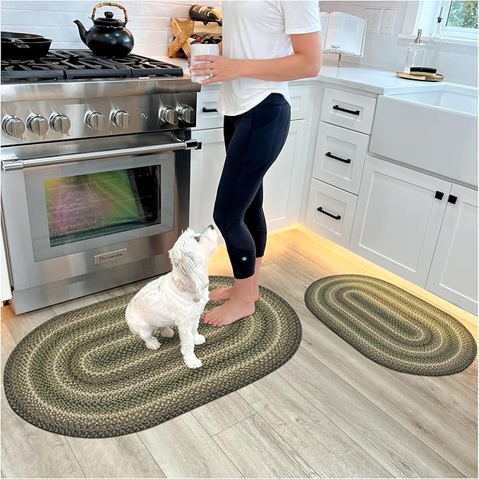 Homespice Pinecone Rustic Braided Rugs 20x30 - Oval Green Kitchen Rug of Jute for Country Decor