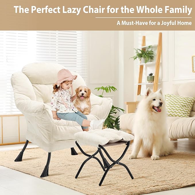 Lazy Chair with Folding Ottoman, Accent Chair Plush Upholstered with Metal Structure and Non-Slip Pads, Sofa Armchair with Footrest and Side Storage Bag for Dorm, Room, Office, Beige