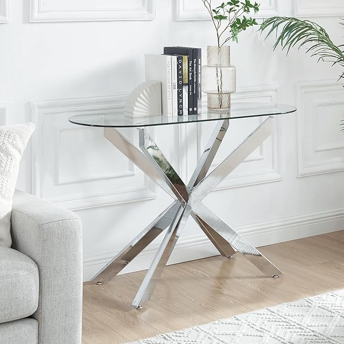 Modern Glass Oval Console Table, Entryway Hallway Narrow Sofa Table, Entrance for Entryway, Living Room, Foyer, Hallway, Office, 45" Lx18 Wx30 H Silver