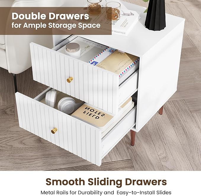 White Night Stand Set 2,Modern Bedside Table with 2 Drawers Storage,Fluted Nightstand and Wood End Side Table with Rose Gold Metal Legs and Handles for Bedroom,White