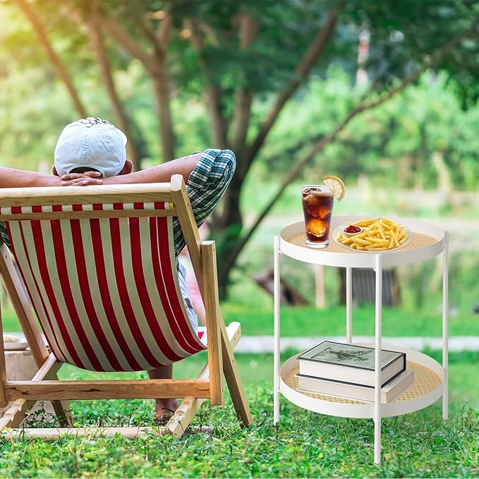 danpinera All Metal Side Table, 2 Tier Anti Rust Small Table with Imitation Rattan Pattern on Removable Trays for Living Room, White Round Nightstand for Bedroom, 20.47 Inch x 16.54 Inch Pearl White