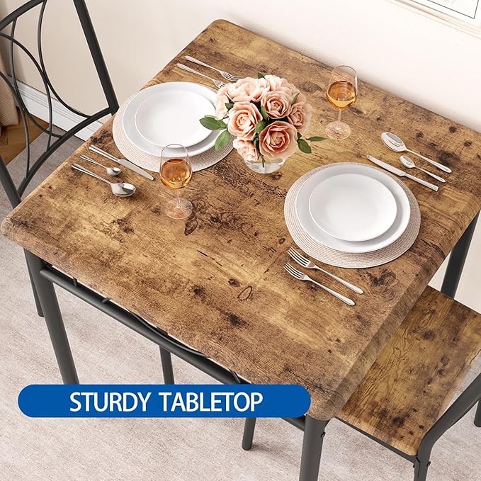 GarveeHome Small Dining Table Set for 2, Square Table and Chairs Set of 2, 3 Piece Kitchen Table Set of 2 with Upholstered Chairs, Dinner Table Set for 2 for Small Spaces, Apartment, Rustic Brown