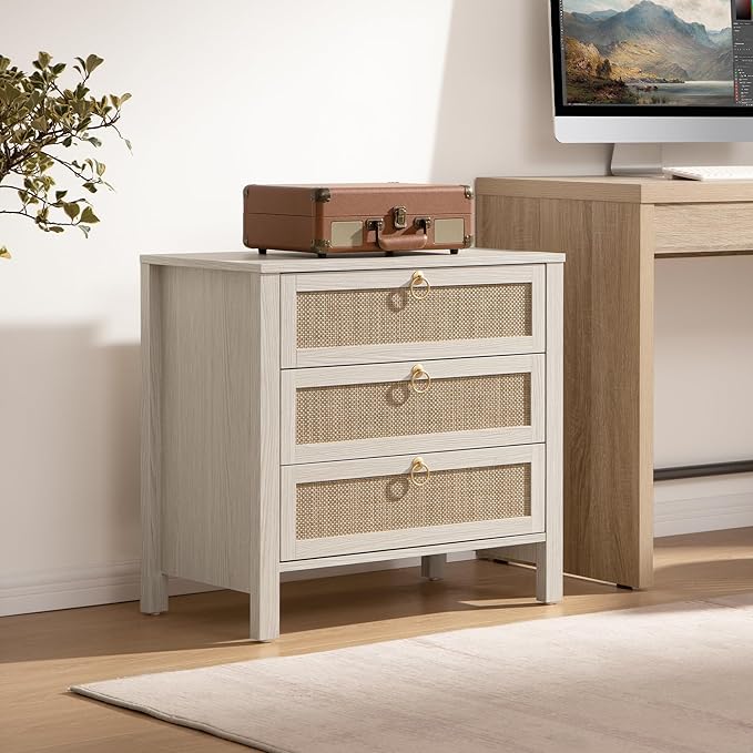 SICOTAS White Nightstand Set 2 with Drawers - Large Rattan Bedside Table with Golden Handle, 3 Drawers Night Stand Tall End Table 26.78" Wide Side Table Boho Nightstand for Bedroom