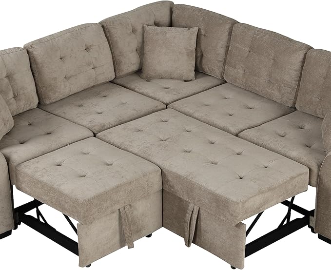 82" Convertible Sleeper Sofa with Pull-Out Bed,L-Shape Chaise Couch W/USB Ports & Power Sockets,Space Saving,Easy Assembly,Modern Corner Reversible Furniture Set for Living Room,Khaki Velvet